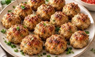 Oven-baked ground turkey meatballs with parsley and marinara sauce