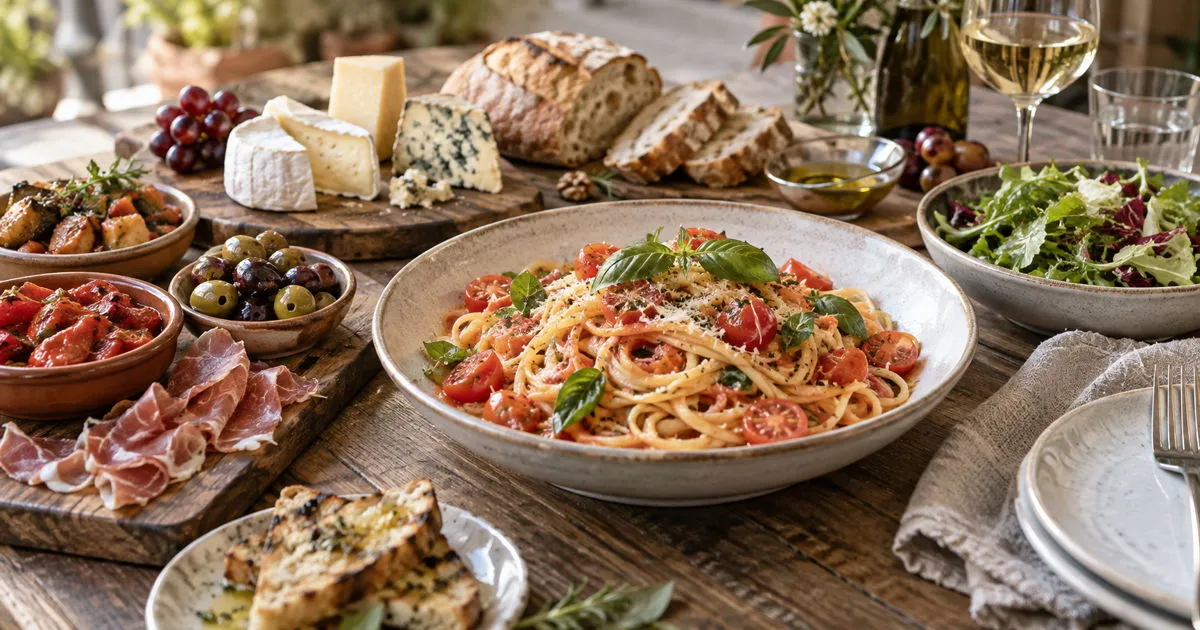 Tomato and basil pasta with European cheeses, bread, olives, tapas, and salad