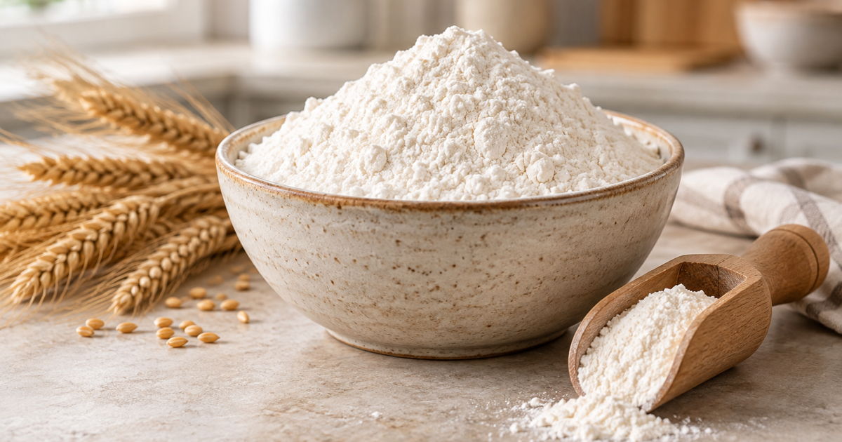 All-purpose flour in a ceramic bowl with wheat stalks