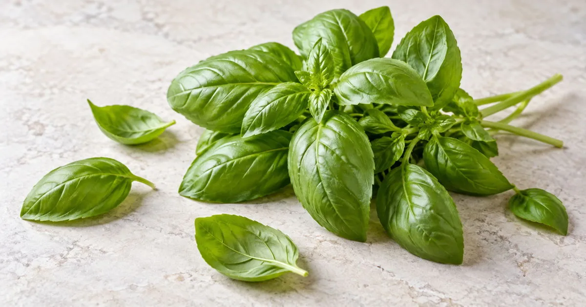 Fresh green basil sprigs and loose leaves on a light stone surface