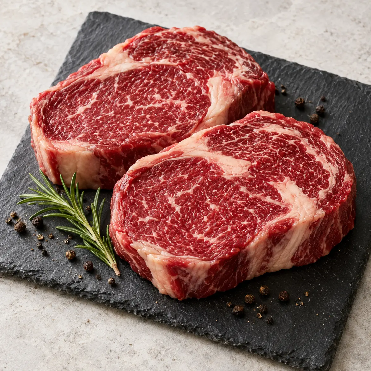 Fresh raw beef steaks with rosemary and black pepper