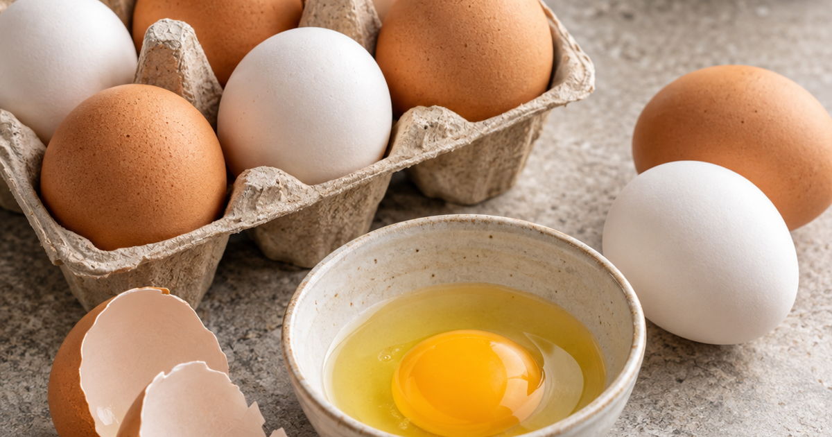 Fresh brown and white eggs with a cracked egg in a ceramic bowl