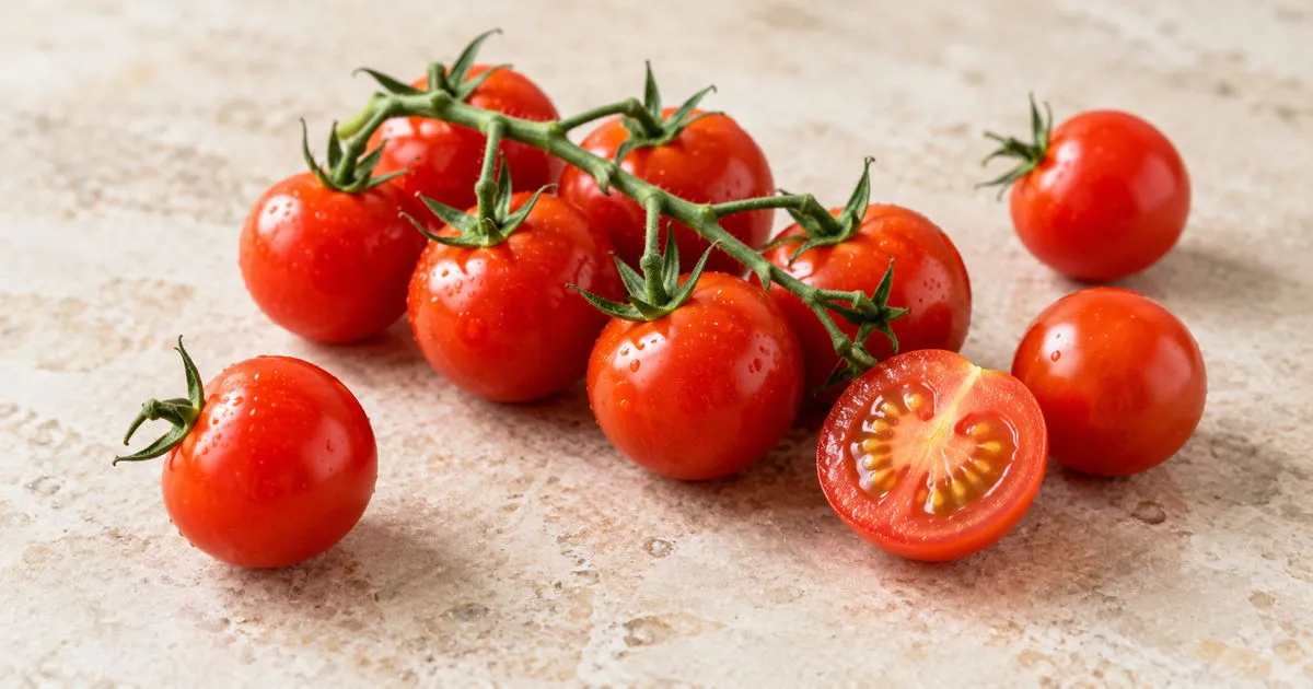 Red cherry tomatoes on the vine with one tomato cut in half