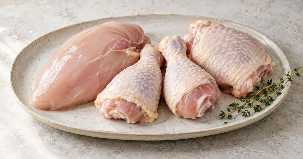 Raw chicken breast, drumsticks and thigh on a ceramic platter