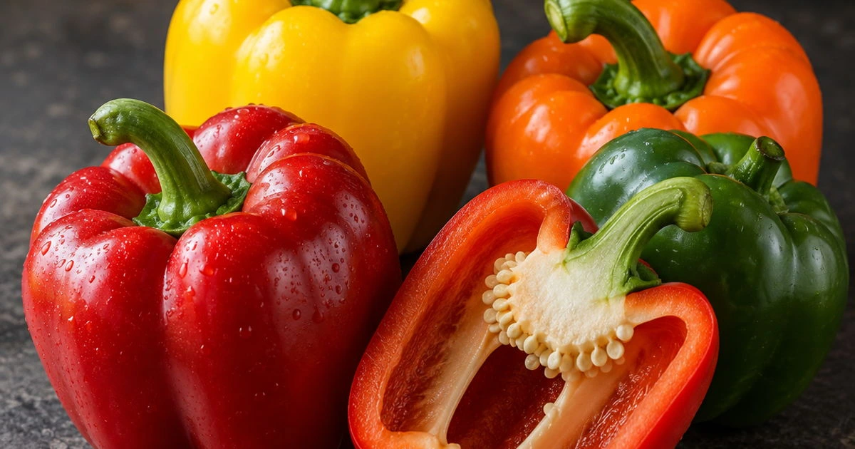 Fresh red, yellow, orange, and green bell peppers