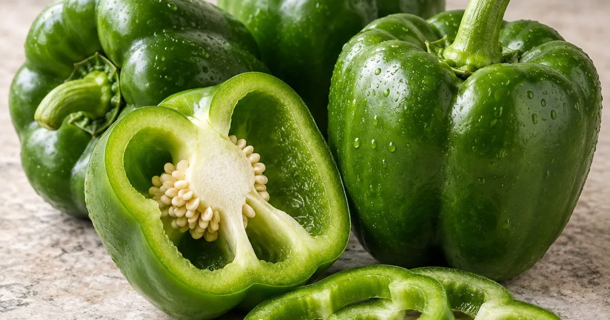 Fresh green bell peppers with a halved pepper and sliced rings