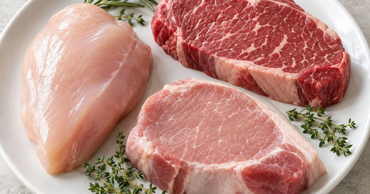 Fresh raw chicken breast, beef steak, and pork chop