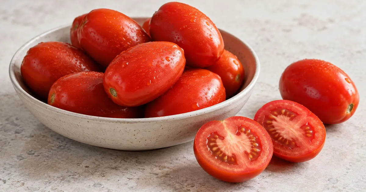 Ripe plum tomatoes in a ceramic bowl with two tomato halves