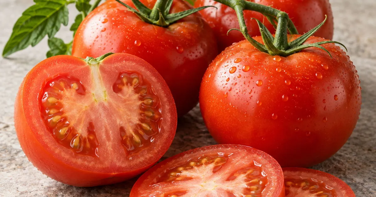 Fresh ripe red tomatoes with a halved tomato and tomato slices