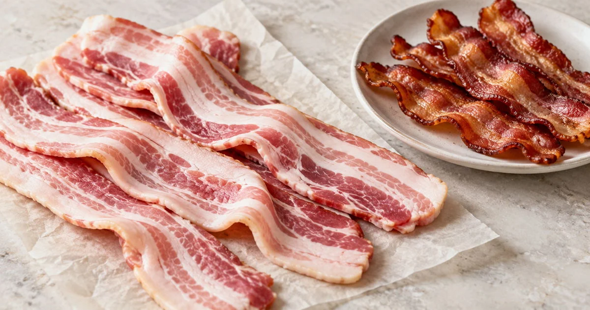 Raw bacon strips beside cooked crispy bacon on a plate