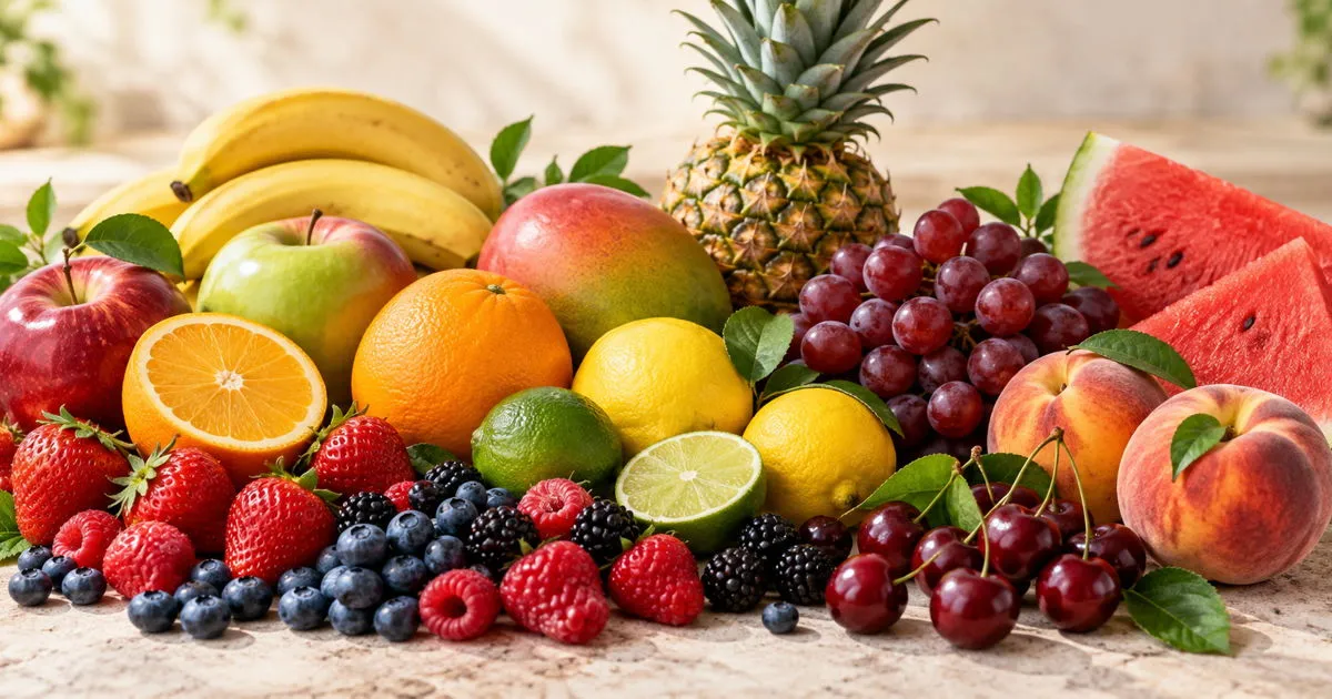 Fresh fruits and berries including strawberries, blueberries, apples, citrus, pineapple, and watermelon