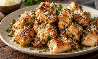 Garlic Parmesan air fryer chicken bites with fresh parsley