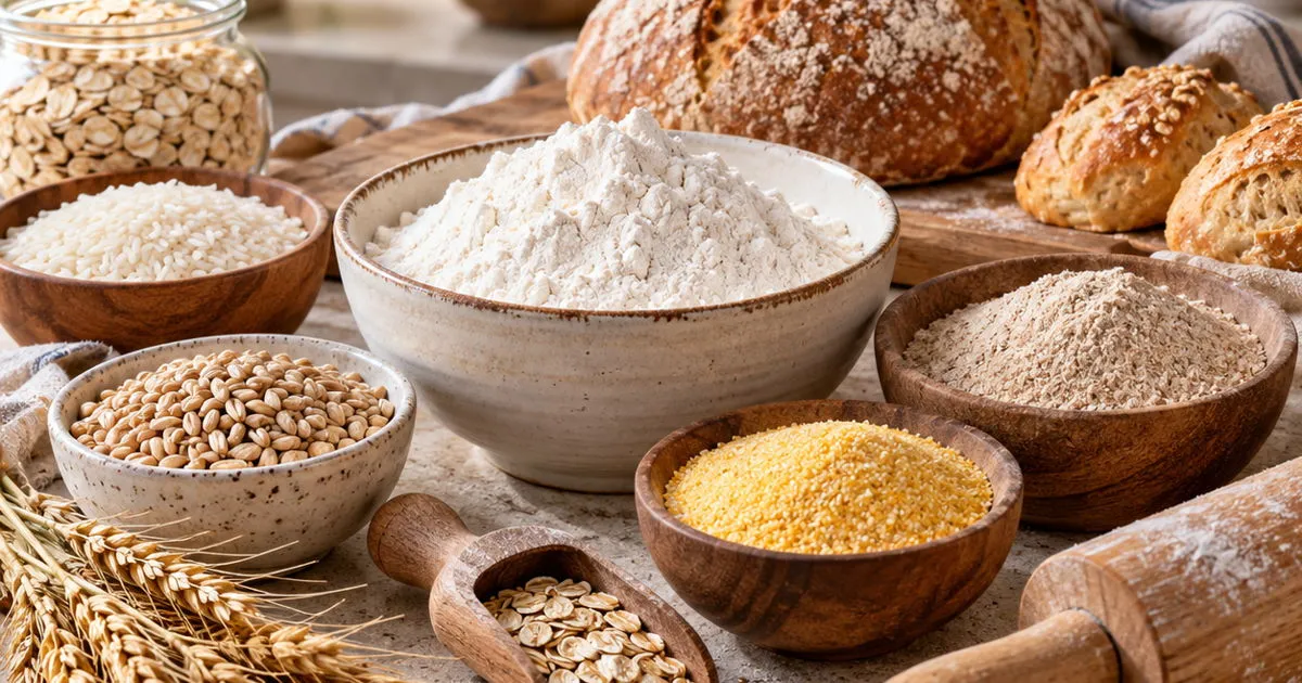 Grains, flour, oats, wheat, rice, cornmeal and freshly baked bread