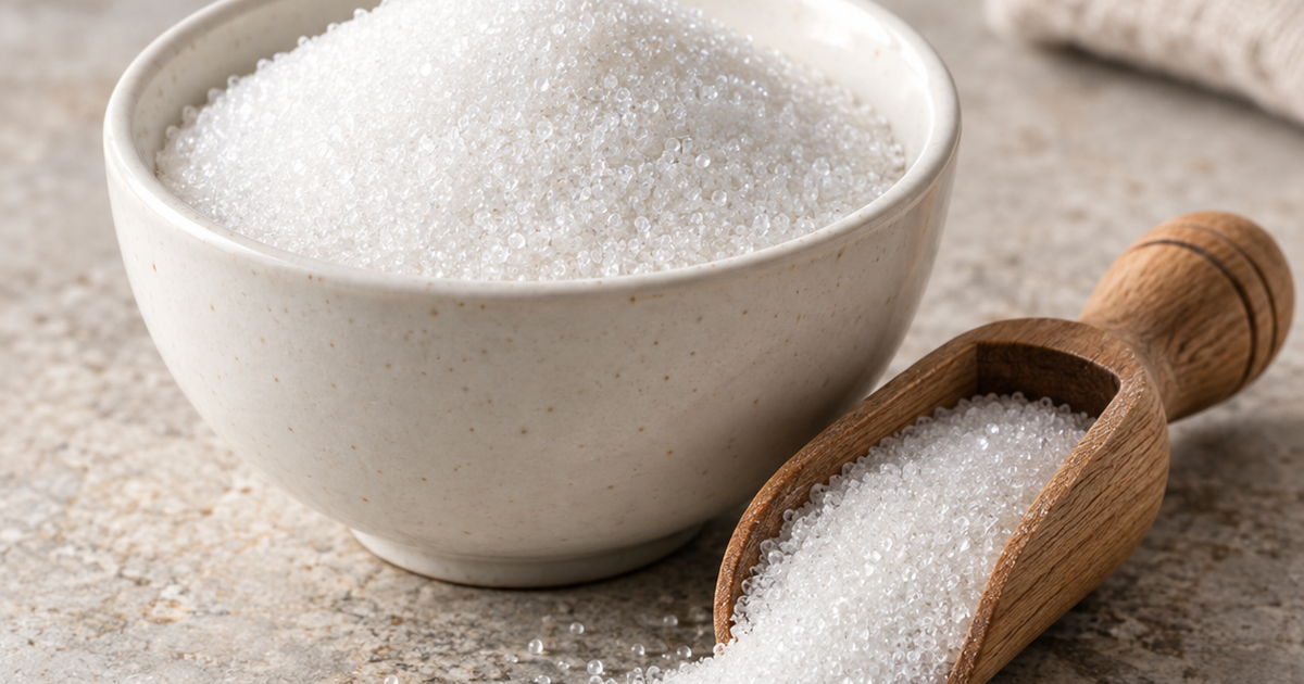 Bowl and wooden scoop filled with granulated white sugar