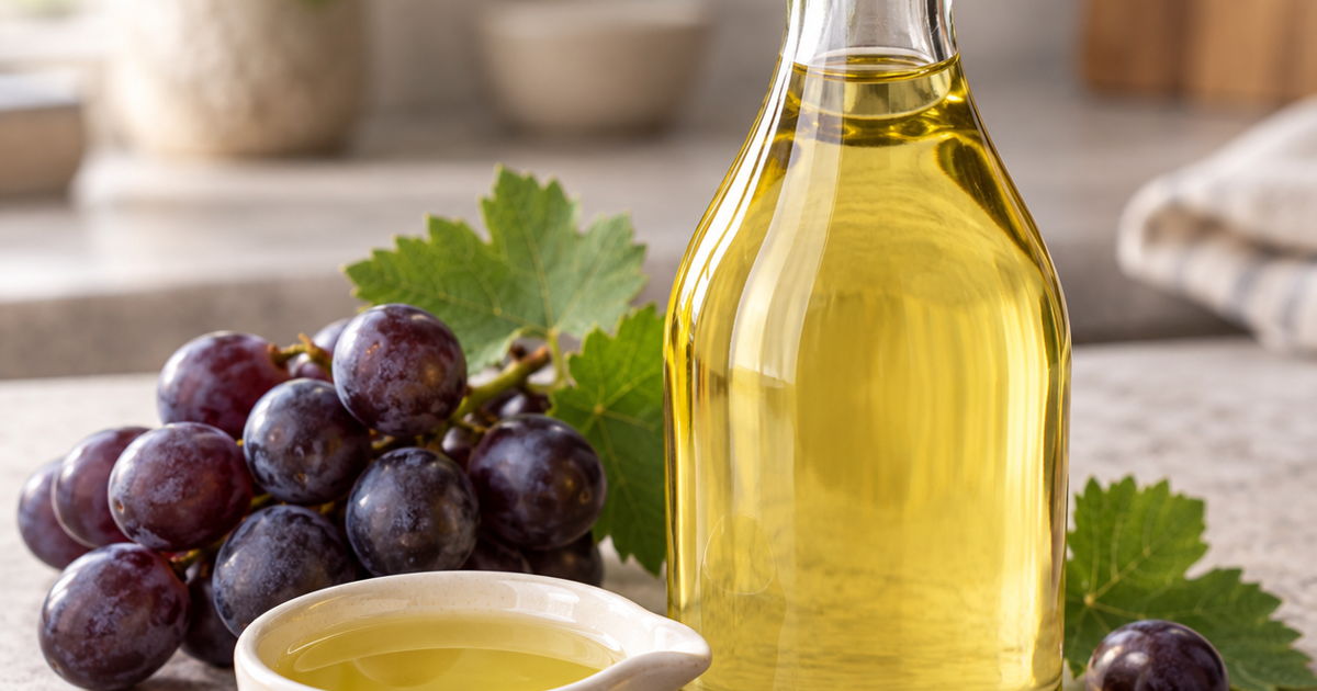 Grapeseed oil in a glass bottle with purple grapes and grape seeds