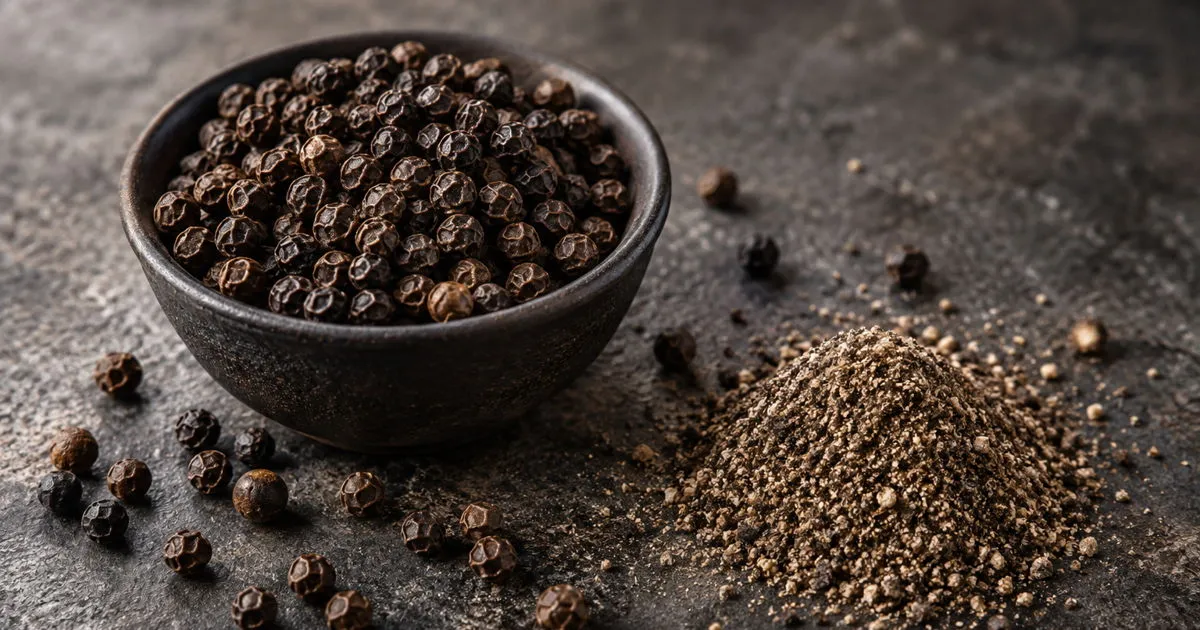 Whole black peppercorns and freshly ground black pepper
