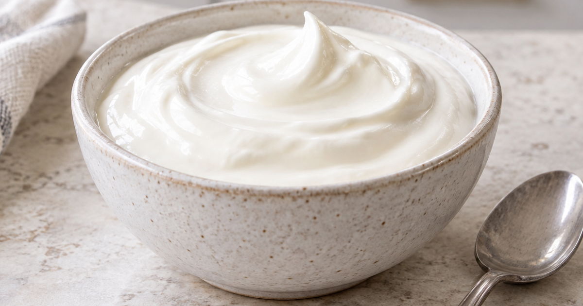 Thick sour cream in a ceramic bowl with a wooden spoon