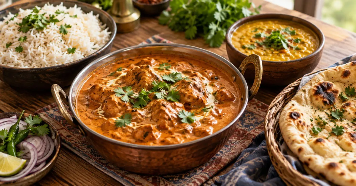 Indian chicken curry with basmati rice, naan bread, and dal