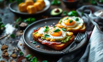 Indian style ham and egg breakfast served on a plate with vegetables