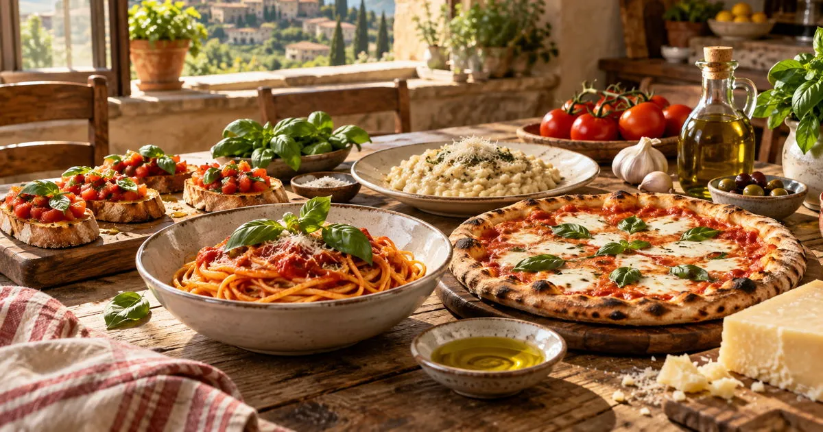 Italian recipes with pasta, Margherita pizza, risotto, and bruschetta
