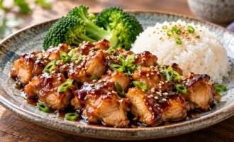 Japanese chicken teriyaki with rice, broccoli, sesame seeds, and scallions