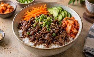 Korean beef bulgogi rice bowl with vegetables and kimchi