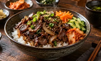 Korean beef bulgogi rice bowl with vegetables and kimchi