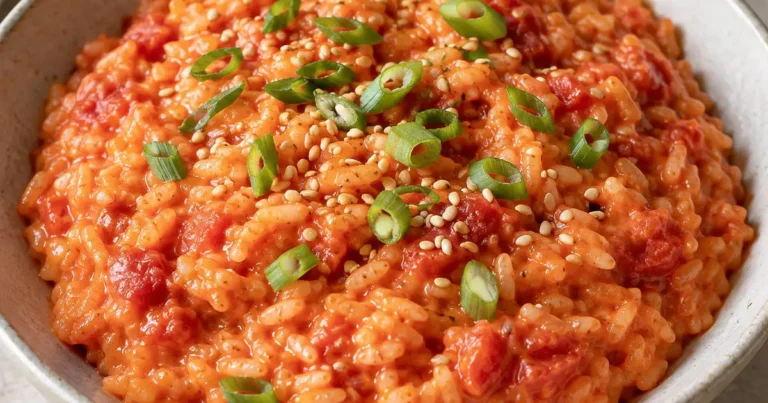 Bowl of creamy tomato rice topped with sliced green onions and sesame seeds.