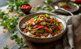 Mexican beef stir fry with bell peppers and green beans