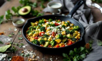 Mexican avocado and blue cheese scramble with eggs, fresh vegetables and herbs