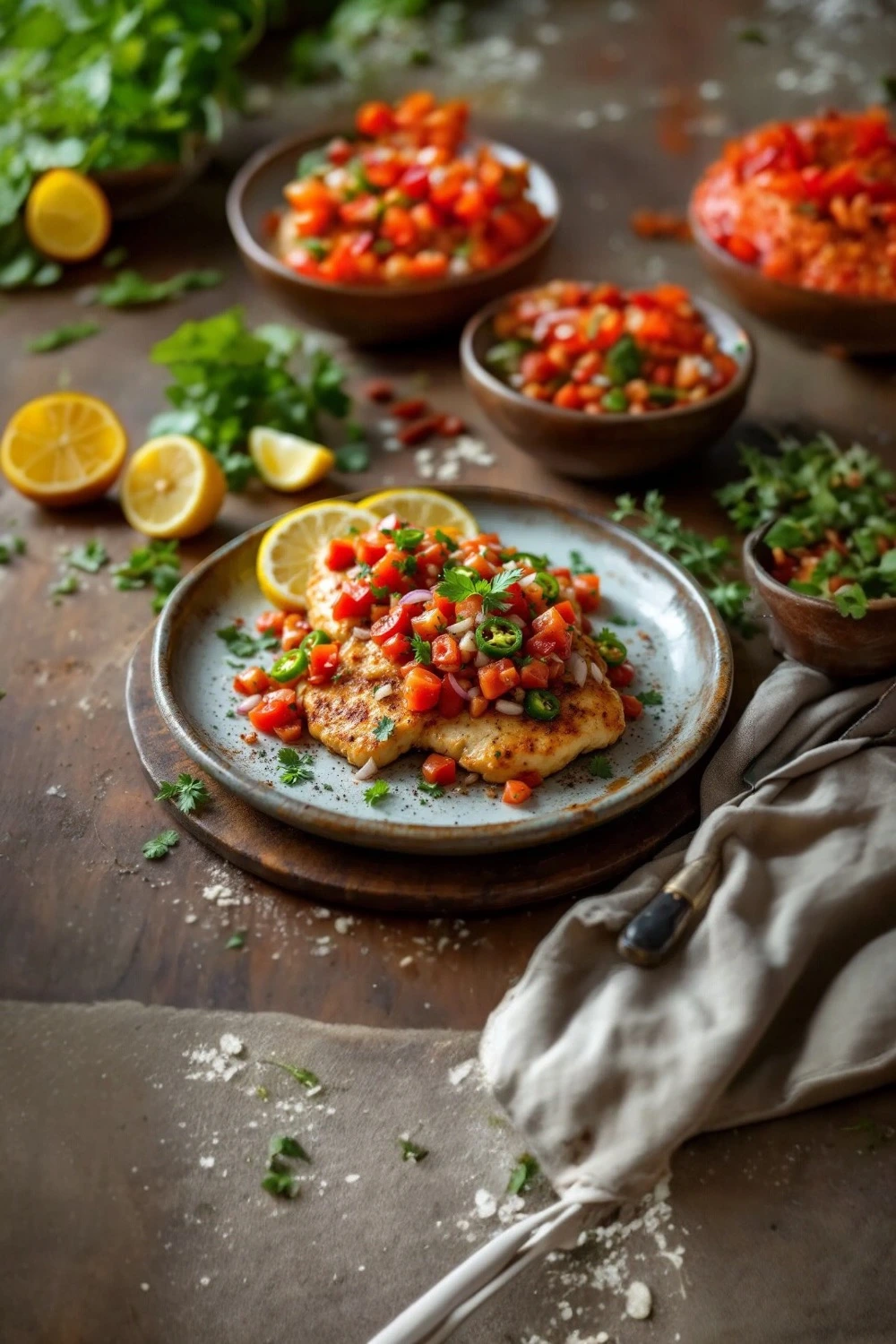 Ingredients for Mexican chicken including chicken breast, tomatoes, jalapeño, onion, garlic, and olive oil