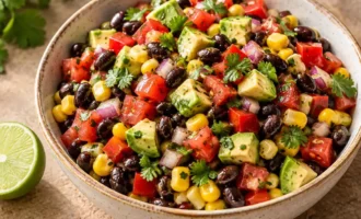 Mexican salad with black beans, corn, avocado, tomatoes, and lime