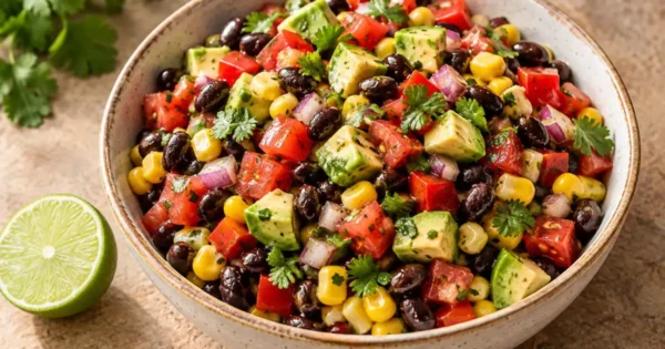 Mexican salad with black beans, corn, avocado, tomatoes, and lime