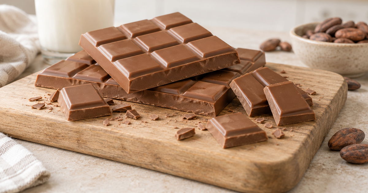 Milk chocolate bars with a glass of fresh milk