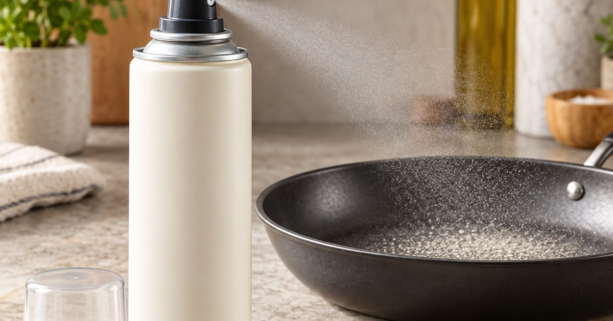 Generic nonstick cooking spray can coating a frying pan with a fine oil mist