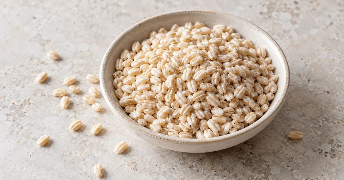 Dry pearl barley in a ceramic bowl with grains scattered beside it