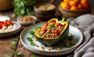 Pescatarian quinoa stuffed bell peppers served on a plate