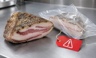 Recalled pork guanciale packaged beside a food safety warning tag