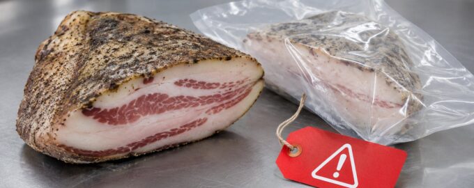 Recalled pork guanciale packaged beside a food safety warning tag