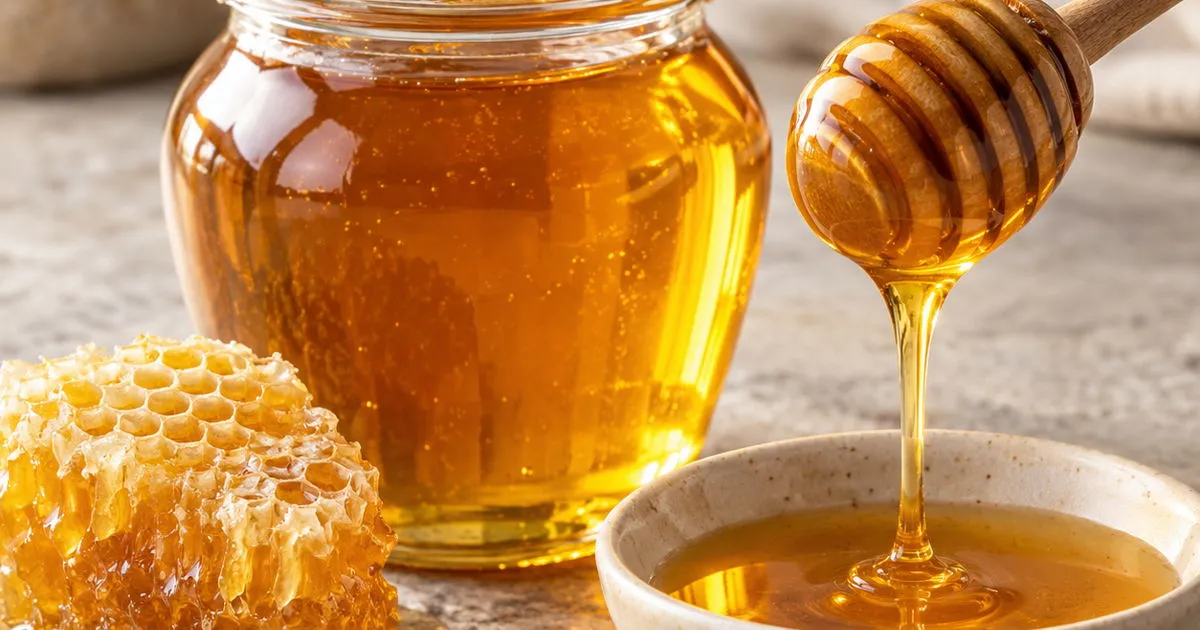 Golden honey in a glass jar with a wooden honey dipper and honeycomb