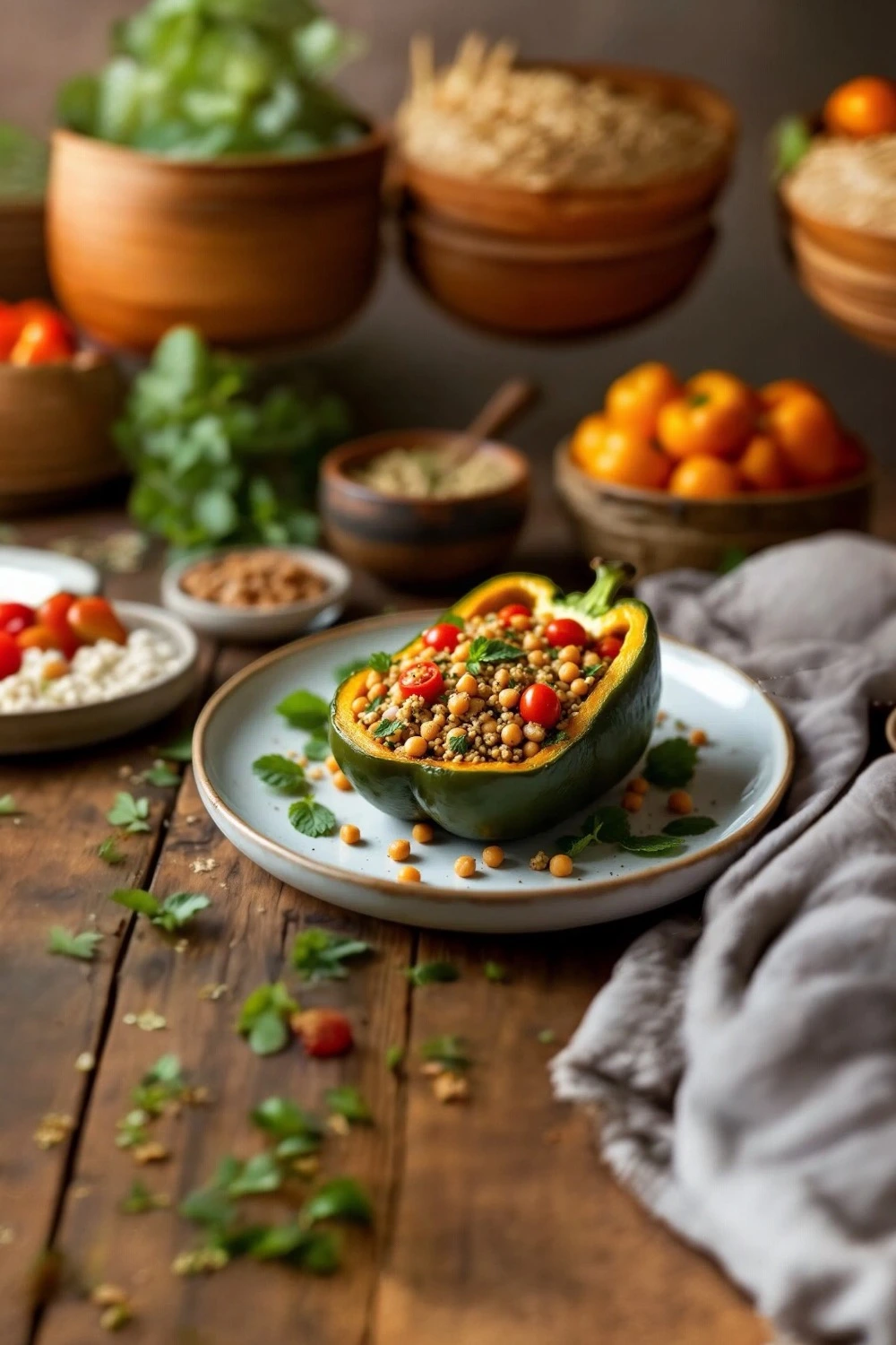 Quinoa and vegetable filling prepared for stuffed bell peppers