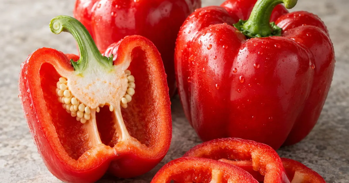 Fresh red bell peppers with a halved pepper and sliced rings