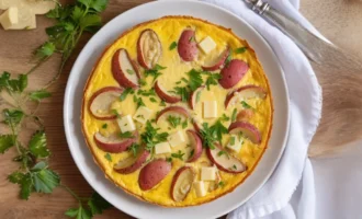 Red potato and fontina frittata baked in a skillet, topped with herbs