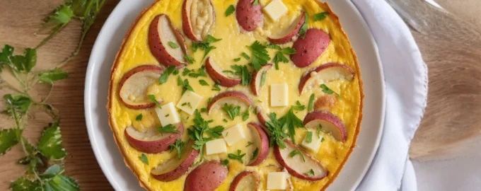 Red potato and fontina frittata baked in a skillet, topped with herbs
