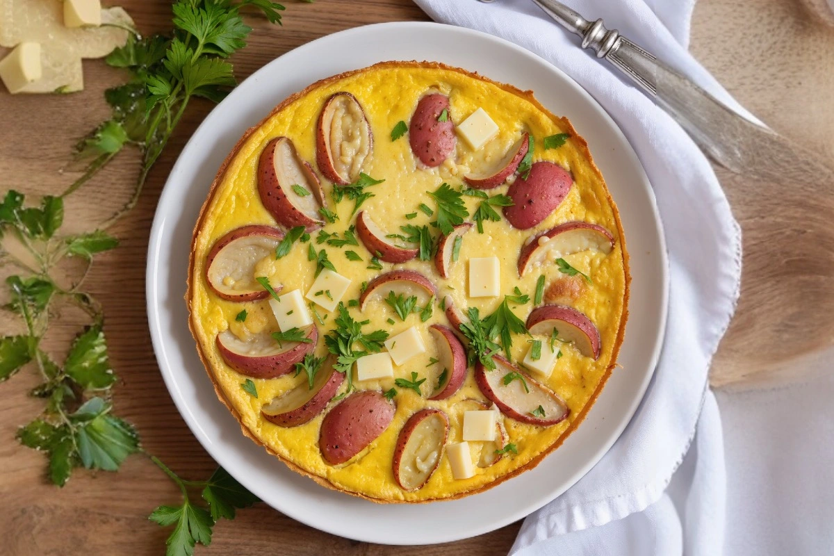 Red potato and fontina frittata baked in a skillet, topped with herbs