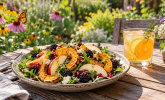 Seasonal salad and citrus drink beside a flowering garden with a monarch butterfly