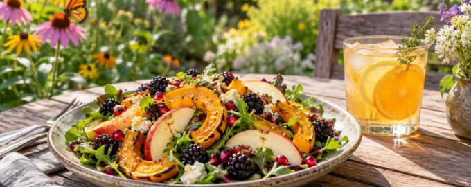 Seasonal salad and citrus drink beside a flowering garden with a monarch butterfly