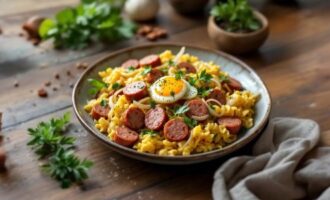 sausage and egg breakfast stir fry in a bowl with vegetables