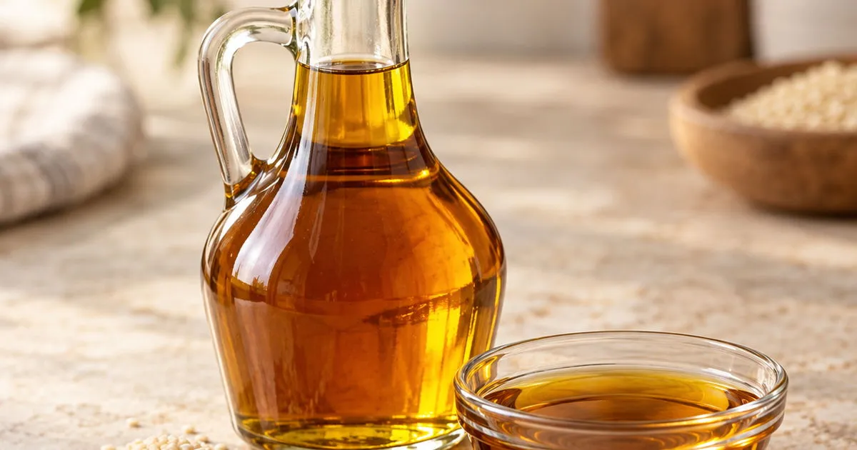 Sesame oil in a glass bottle with white and black sesame seeds