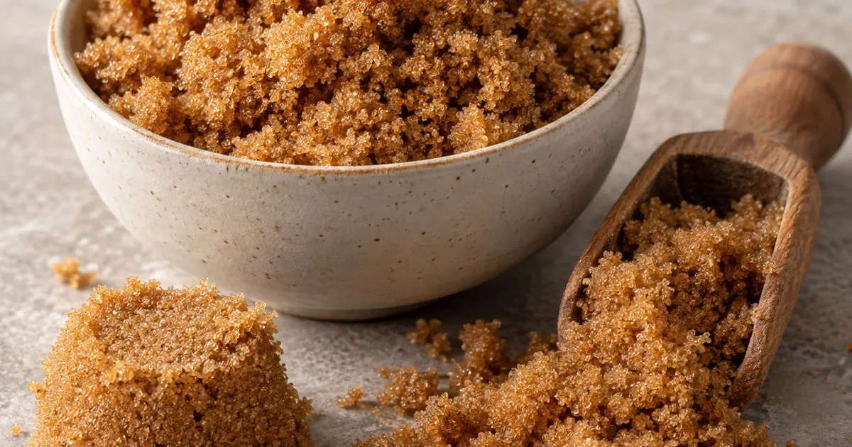 Soft brown sugar in a ceramic bowl with a wooden scoop